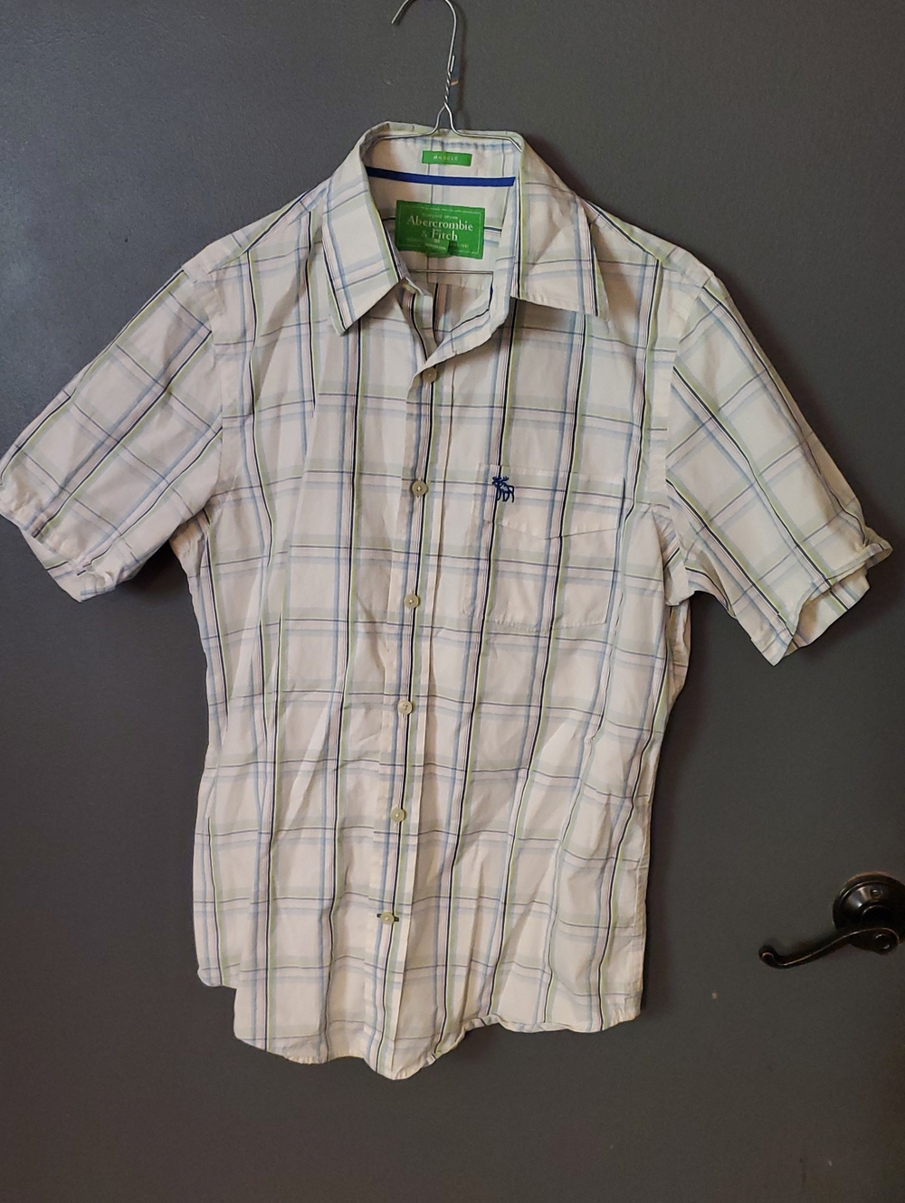 Abercrombie & Fitch Men's Short-Sleeve Plaid Button-Up Shirt - White/Light Blue